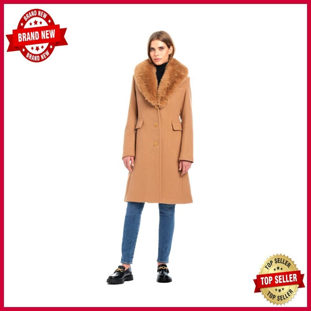 Wool Blend Coat with Removable Faux Fur Collar, Long Sleeve Overcoat
